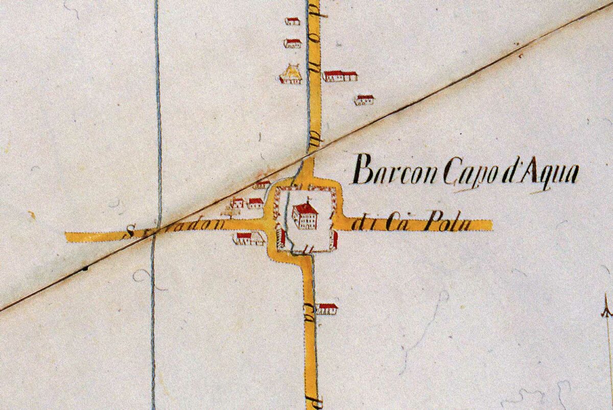 Barcon Capo d’Aqua: mappa dell’abitato e dei canali presenti per l’irrigazione agricola, particolare. Angelo Prati, 1763