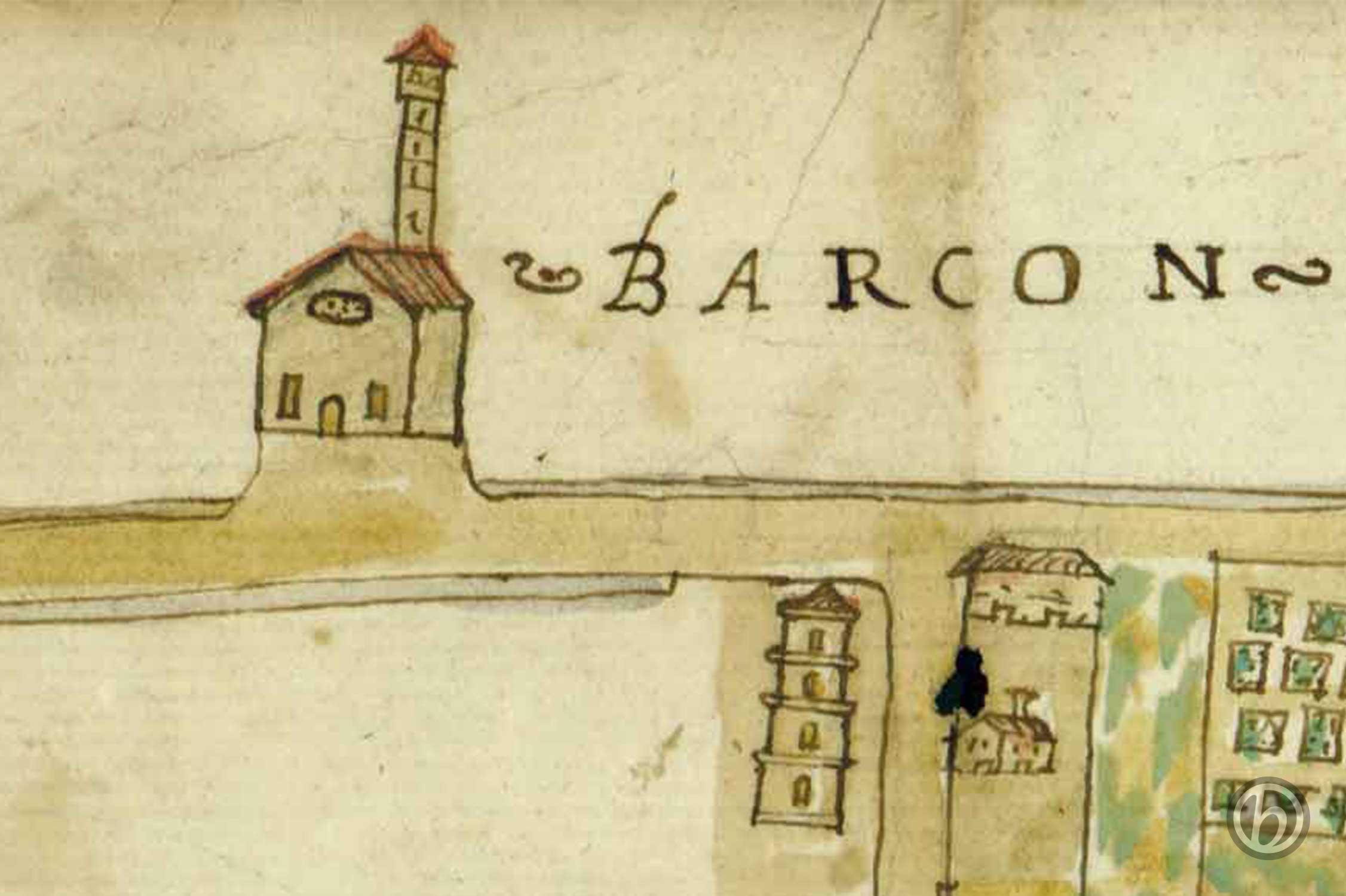 La chiesa di Barcon ed il suo campanile in un disegno del 1637. Archivio privato.