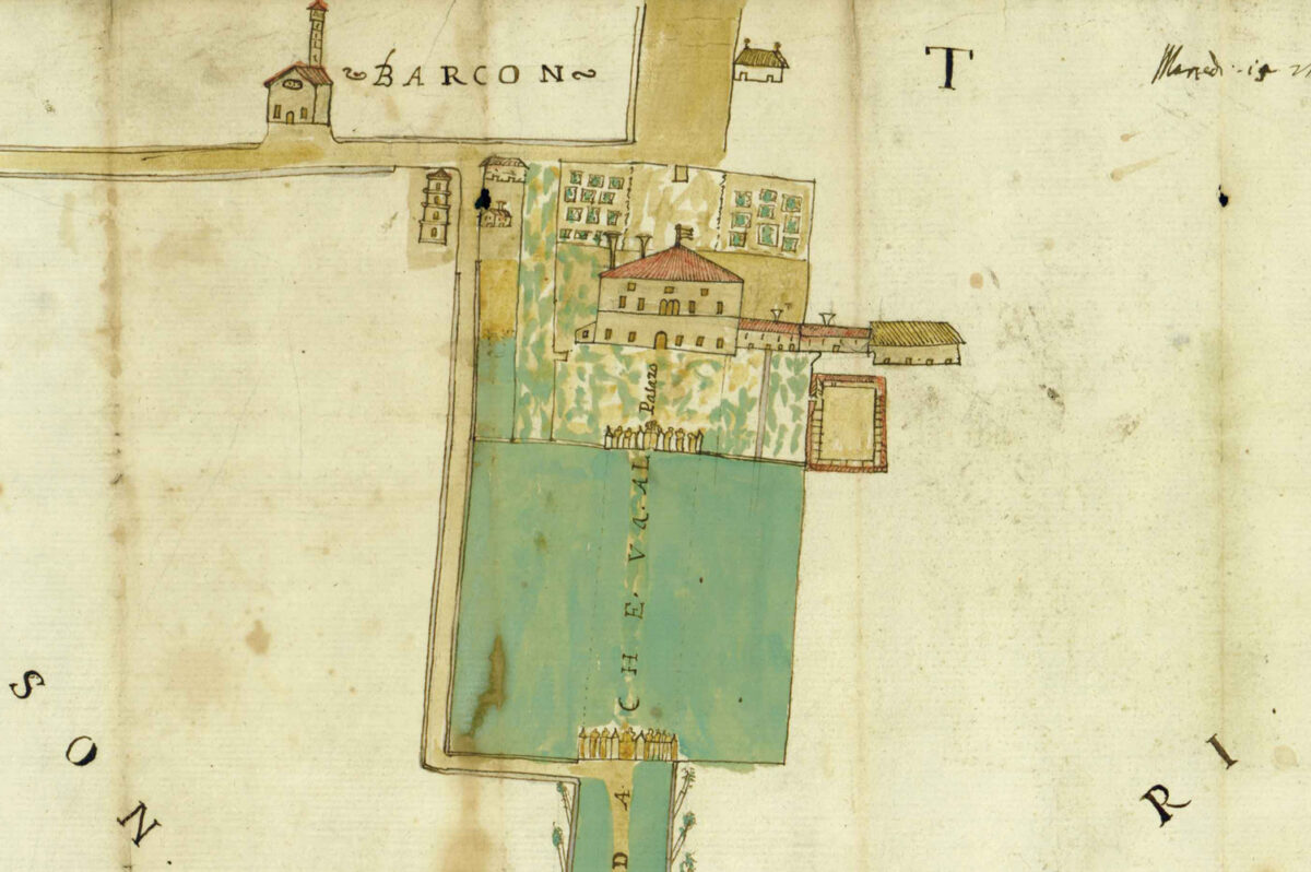 Mappa raffigurante i possedimenti della famiglia Pola nel 1637 a Barcon, particolare. Archivio privato.